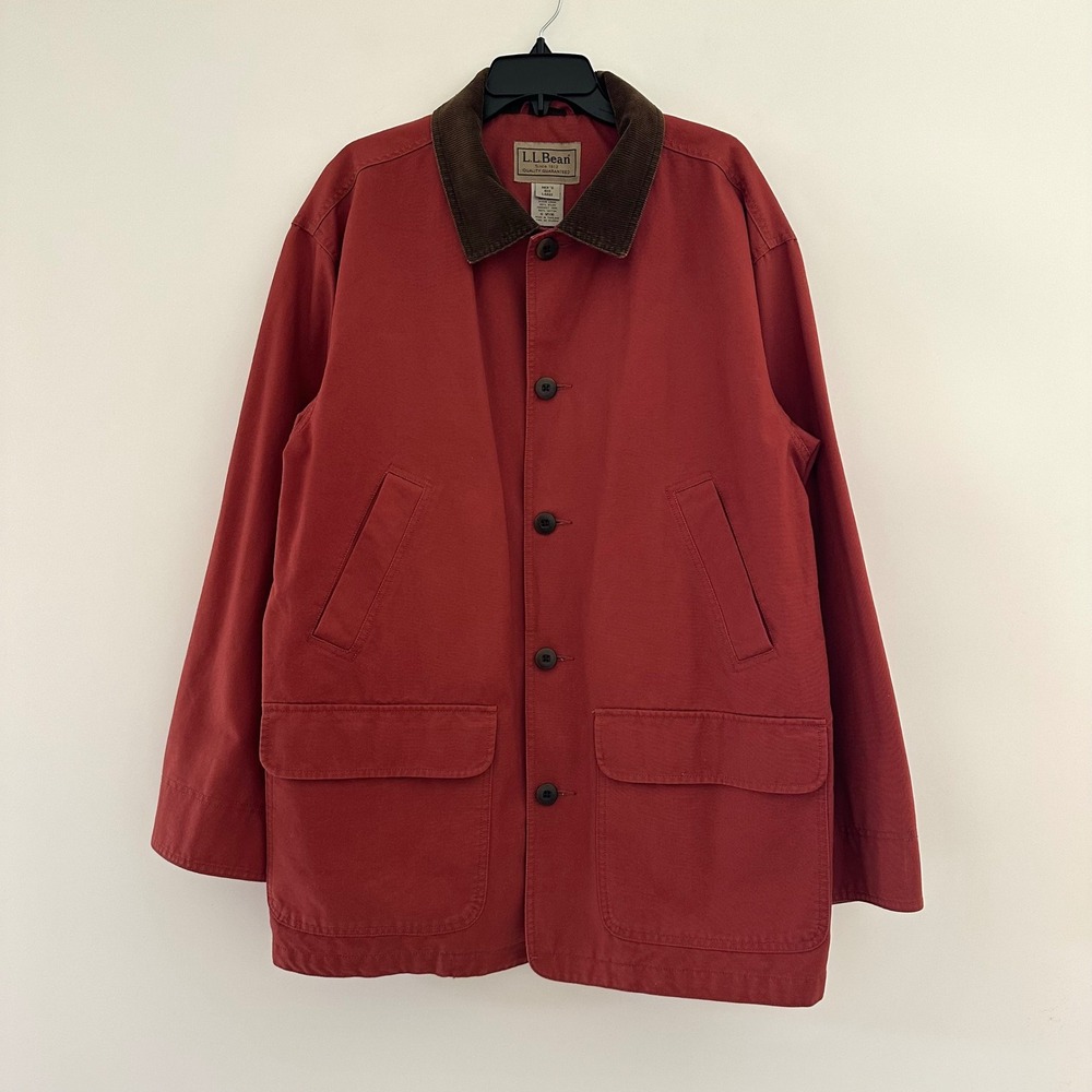 LL Bean Chore Coat Mens Large Barn Jacket Corduroy Collar Field Red Canvas